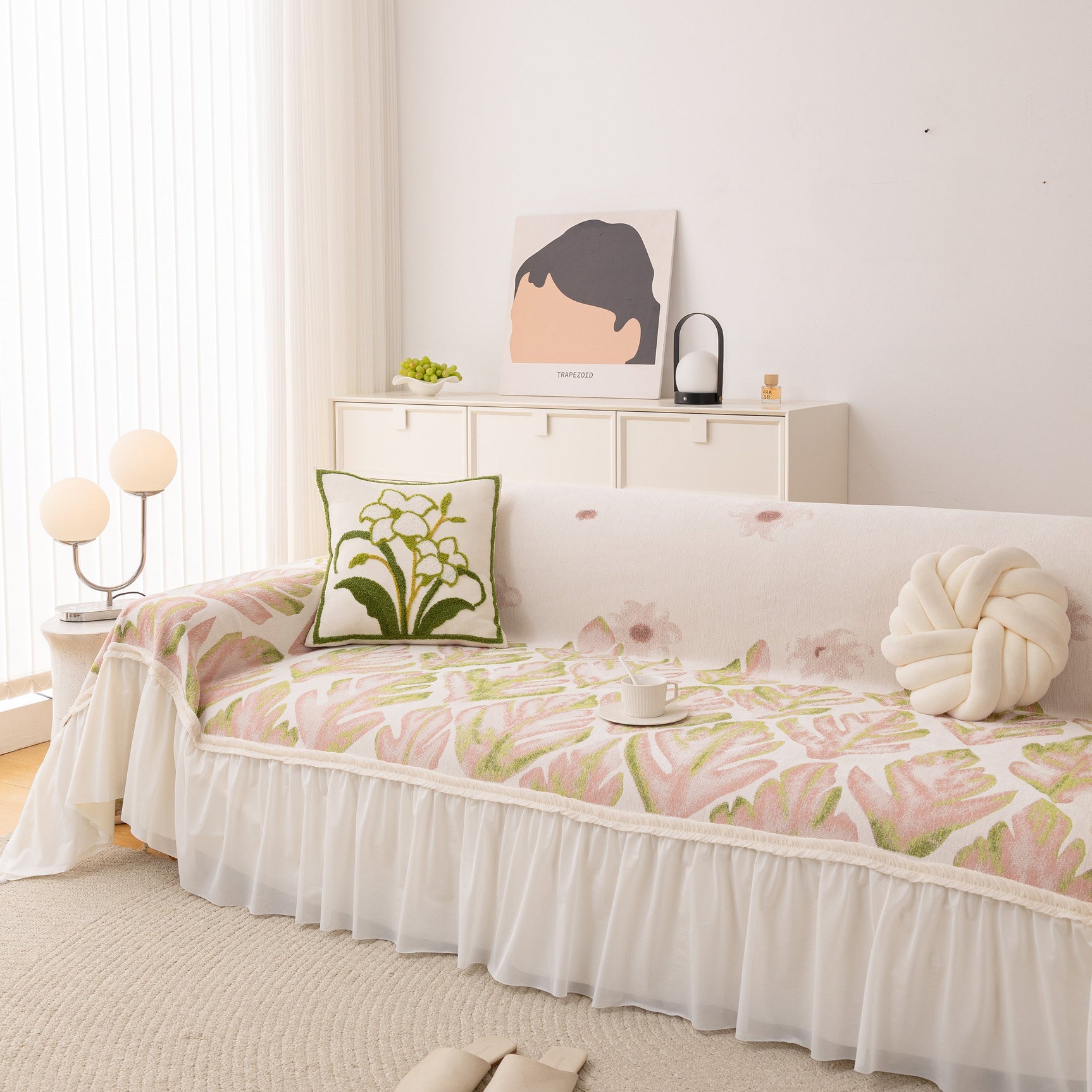 Botanical Sofa Cover with Chiffon Skirt, Floral Couch Throw Blanket for All-Season - Ornate Home