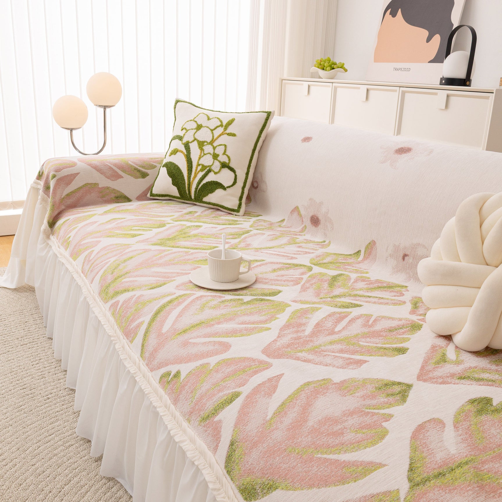 Botanical Sofa Cover with Chiffon Skirt, Floral Couch Throw Blanket for All-Season - Ornate Home