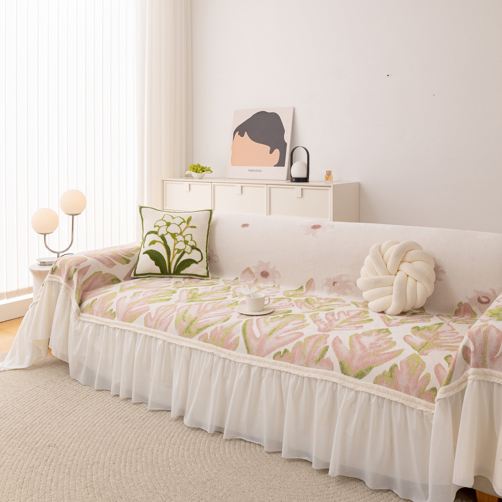 Botanical Sofa Cover with Chiffon Skirt, Floral Couch Throw Blanket for All-Season - Ornate Home