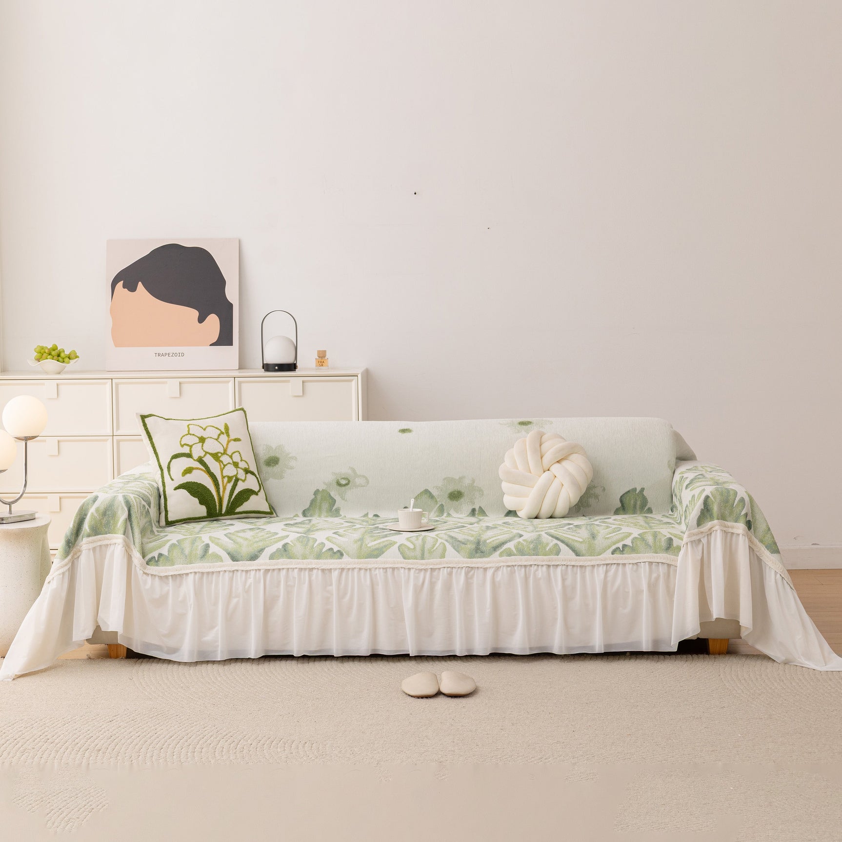 Botanical Sofa Cover with Chiffon Skirt, Floral Couch Throw Blanket for All-Season - Ornate Home