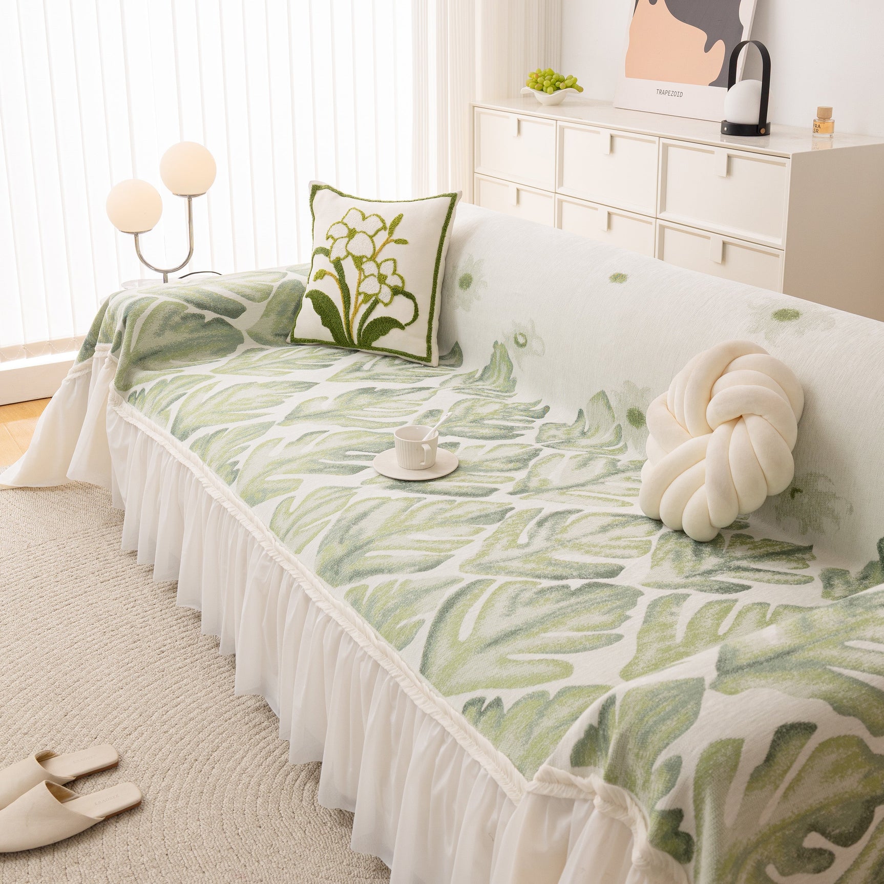 Botanical Sofa Cover with Chiffon Skirt, Floral Couch Throw Blanket for All-Season - Ornate Home