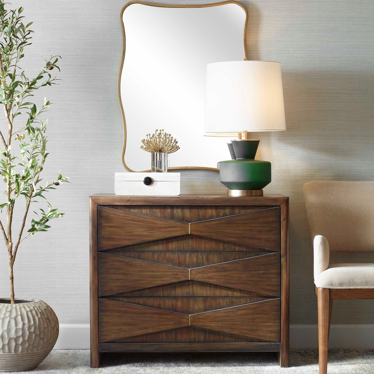 Bowtie Brass/Woodtone 3 Drawer Mid-Century Chest - Ornate Home