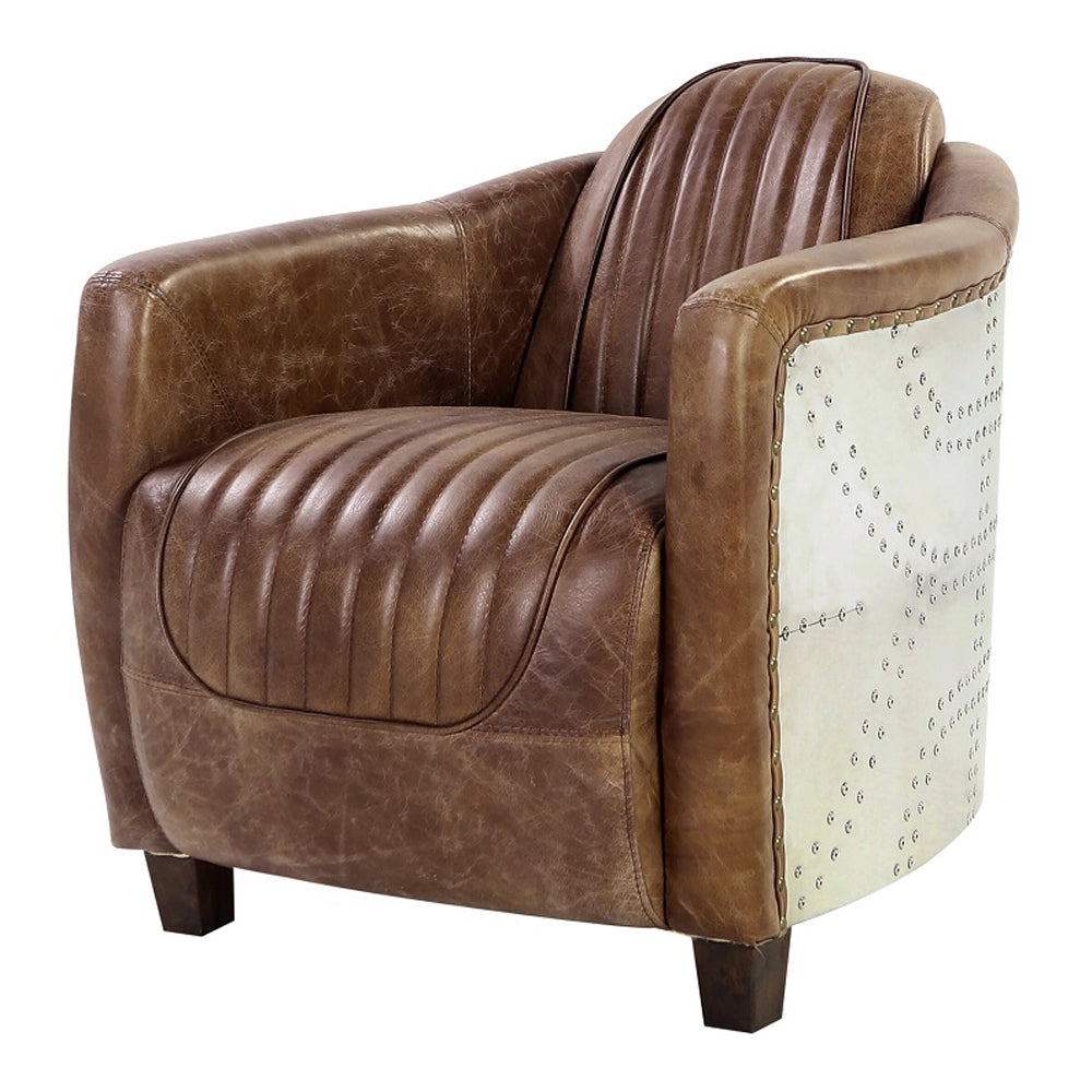 Brancaster Brown Genuine Leather & Aluminum Chair - Ornate Home