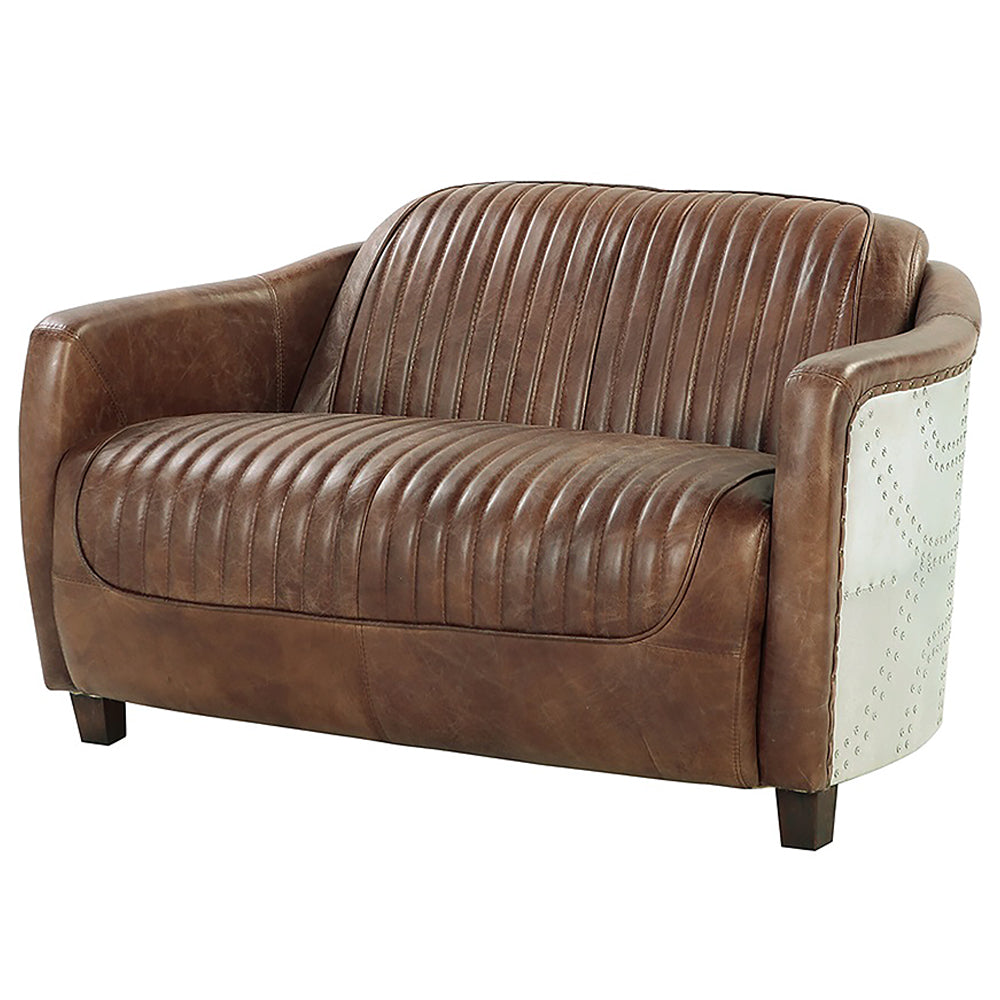 Brancaster Brown Leather & Aluminium Loveseat - Ornate Home