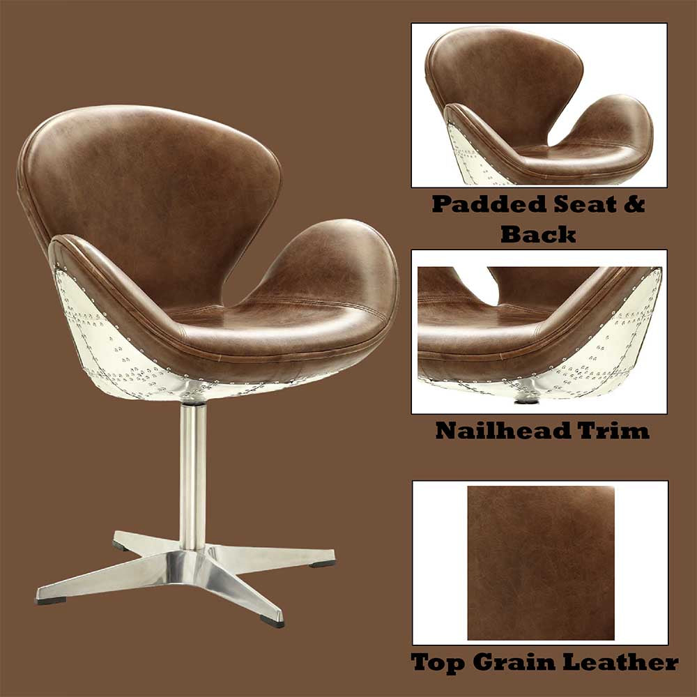 Brancaster Brown Leather/Aluminum Accent Chair (1Pc) - Ornate Home