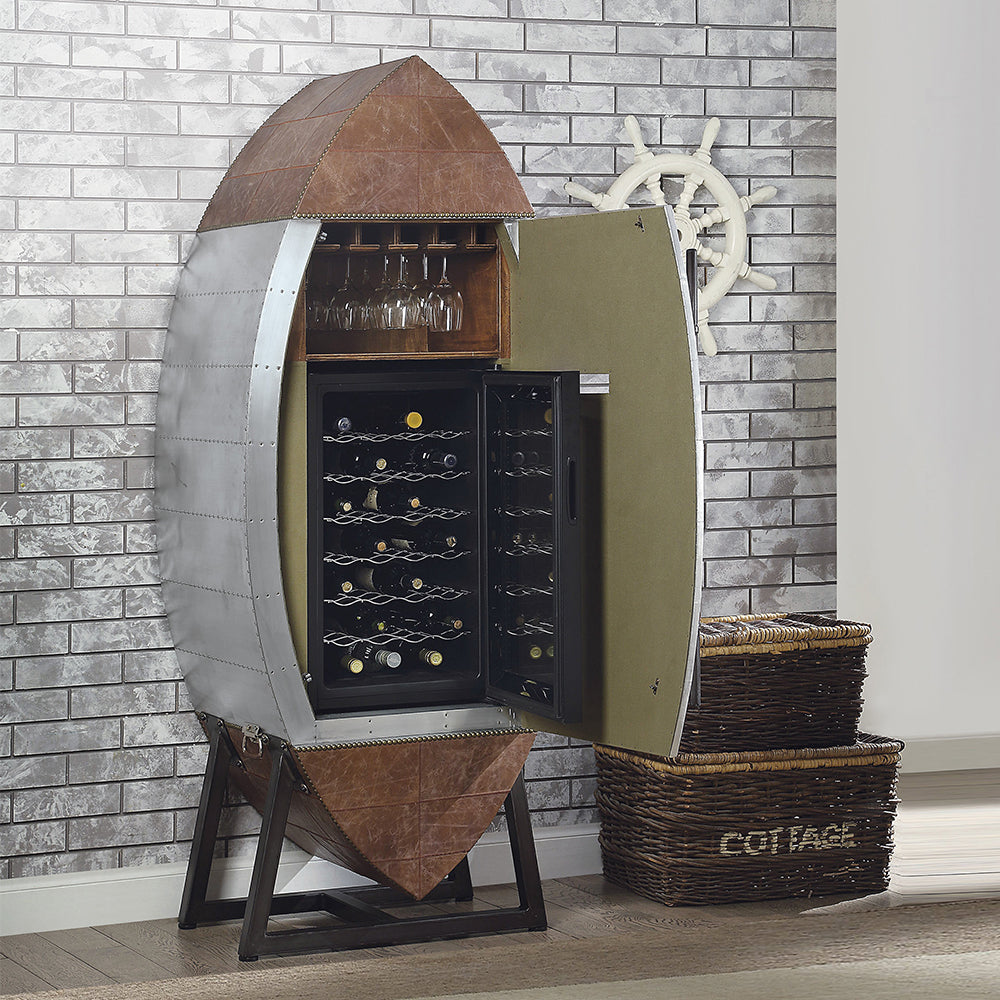 Brancaster Brown Leather & Aluminum Wine Cabinet - Ornate Home