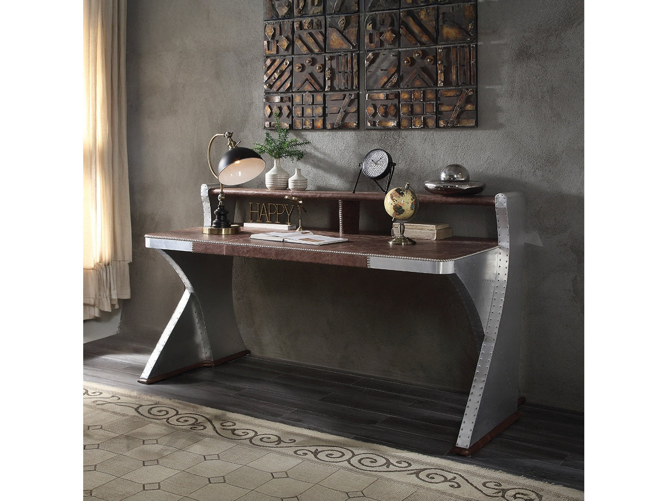 Brancaster Retro Brown Top Grain Leather & Aluminum Desk - Ornate Home