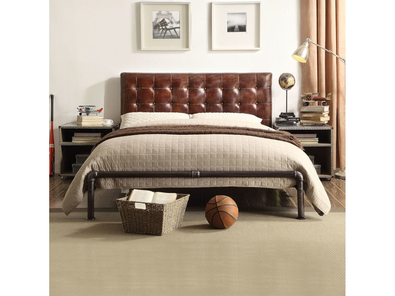 Brancaster Vintage Brown Top Grain Leather Queen Bed - Ornate Home