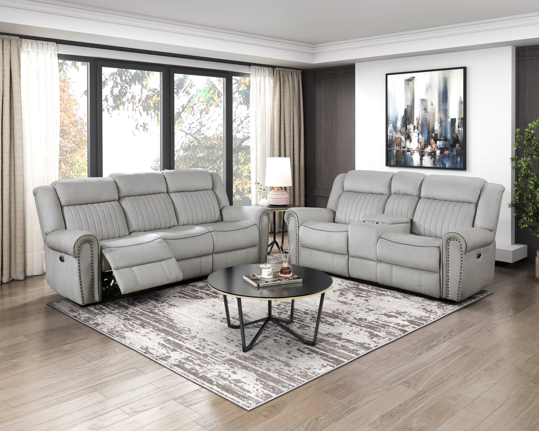 Brennen Mist Gray Power Double Reclining Sofa - Ornate Home