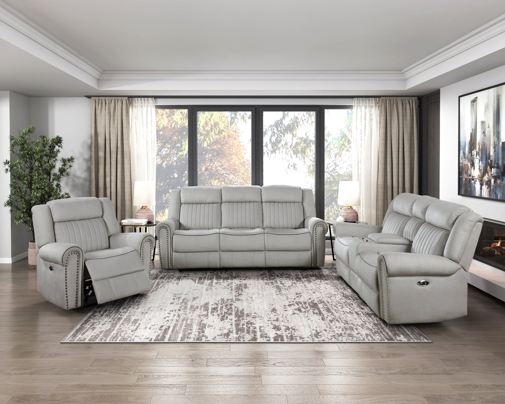 Brennen Mist Gray Power Double Reclining Sofa - Ornate Home