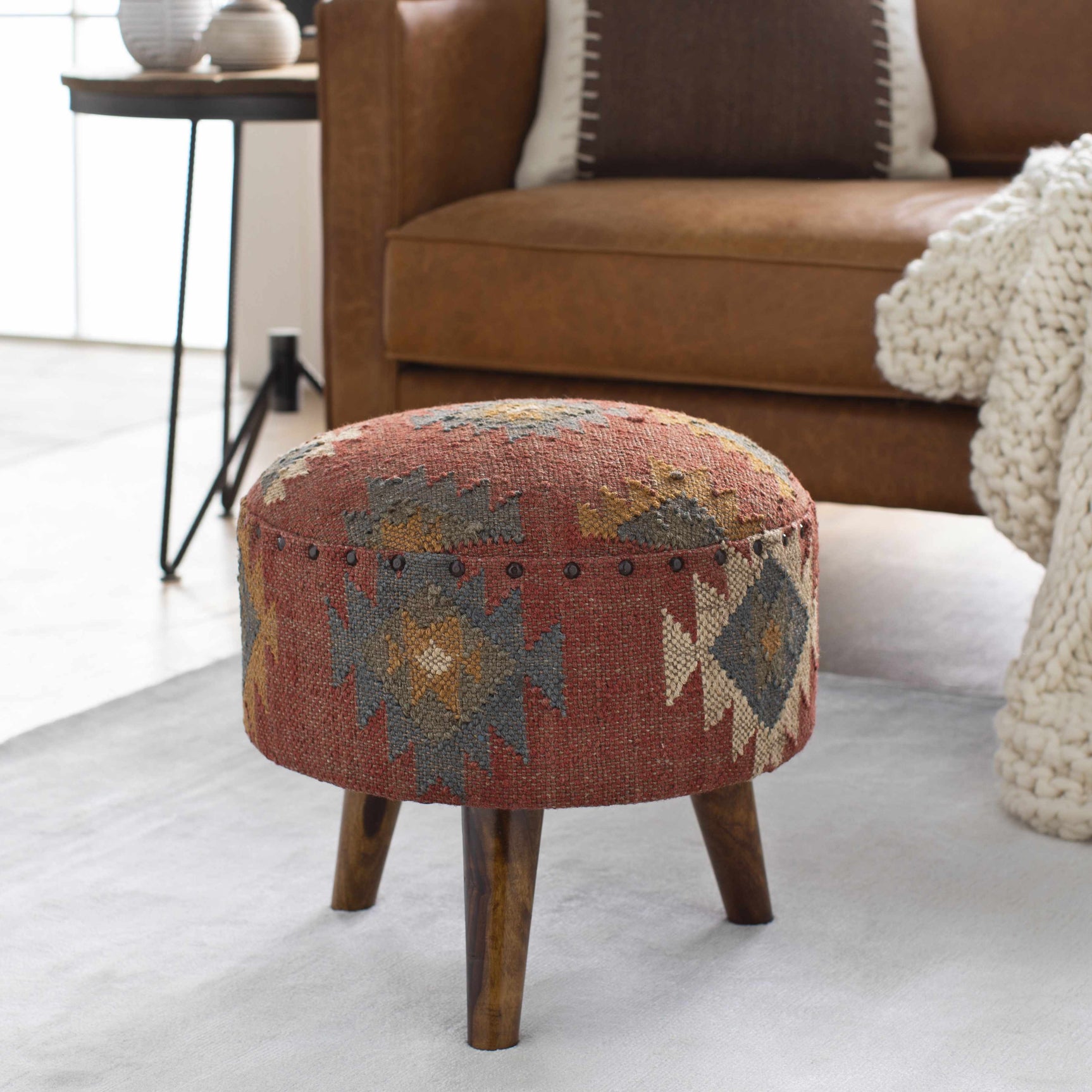 Brick Red Wood Frame Ottoman Stool - Ornate Home