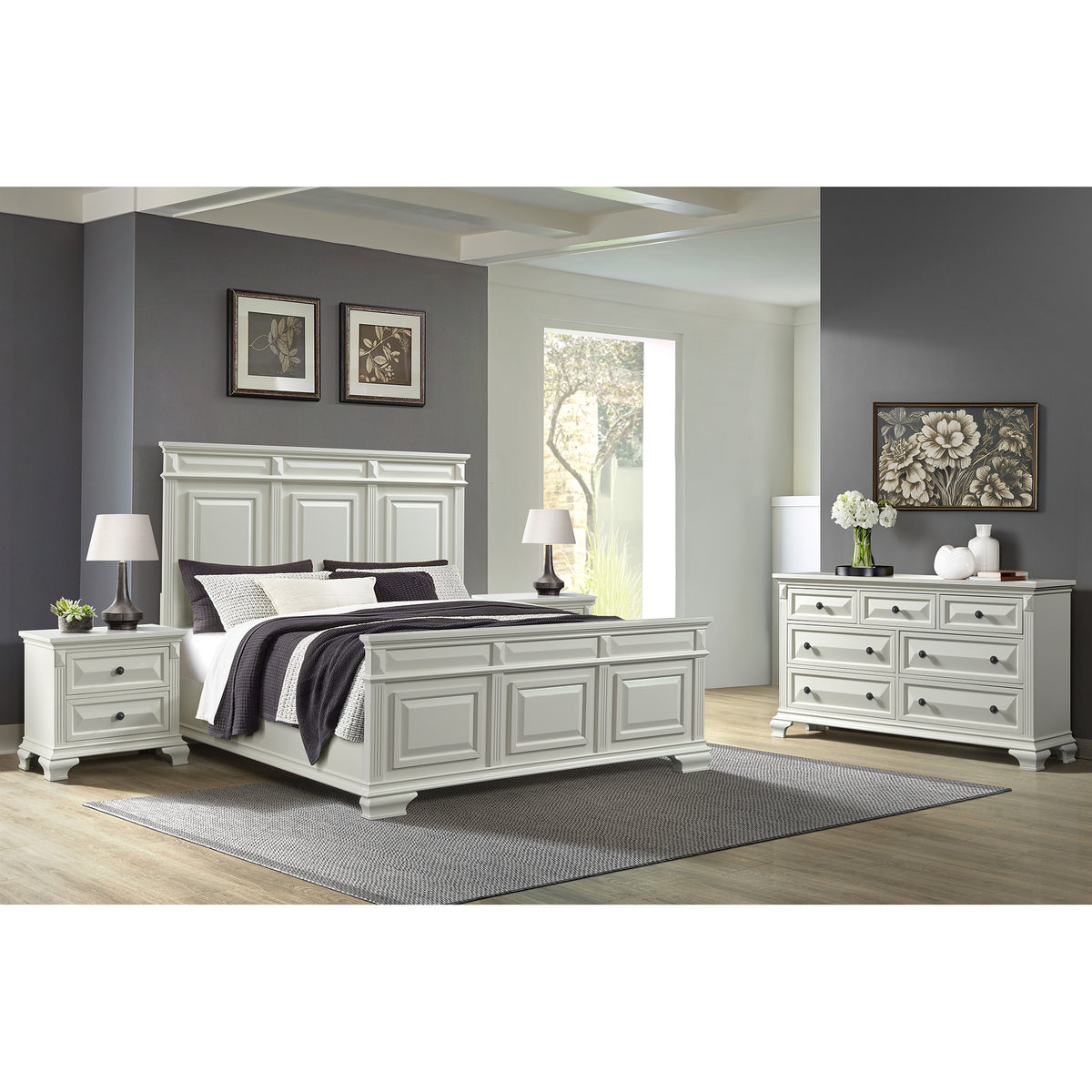 Bridgestone Antique White 4-Piece King Bedroom Set with 2 Nightstands & Dresser - Ornate Home