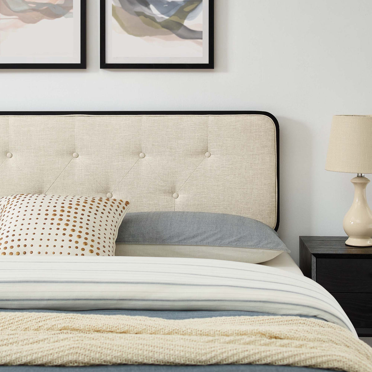 Bridgette Black/Beige Wood King Platform Bed With Splayed Legs - Ornate Home