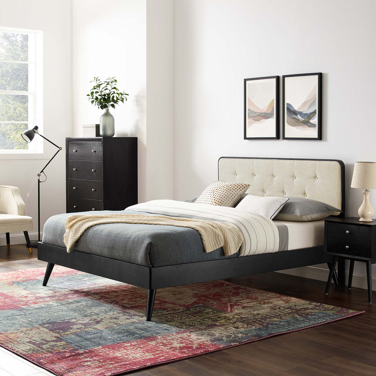 Bridgette Black/Beige Wood Queen Platform Bed With Splayed Legs - Ornate Home