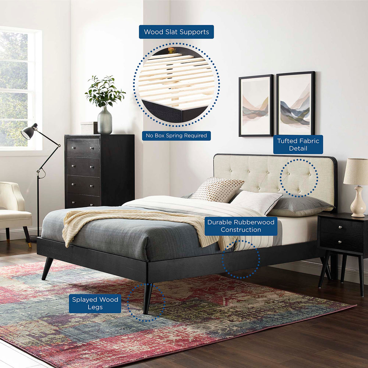 Bridgette Black/Beige Wood Queen Platform Bed With Splayed Legs - Ornate Home