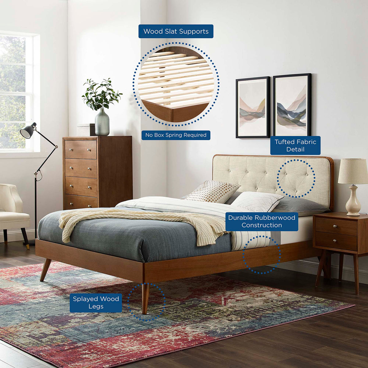 Bridgette Walnut/Beige Wood Queen Platform Bed With Splayed Legs - Ornate Home
