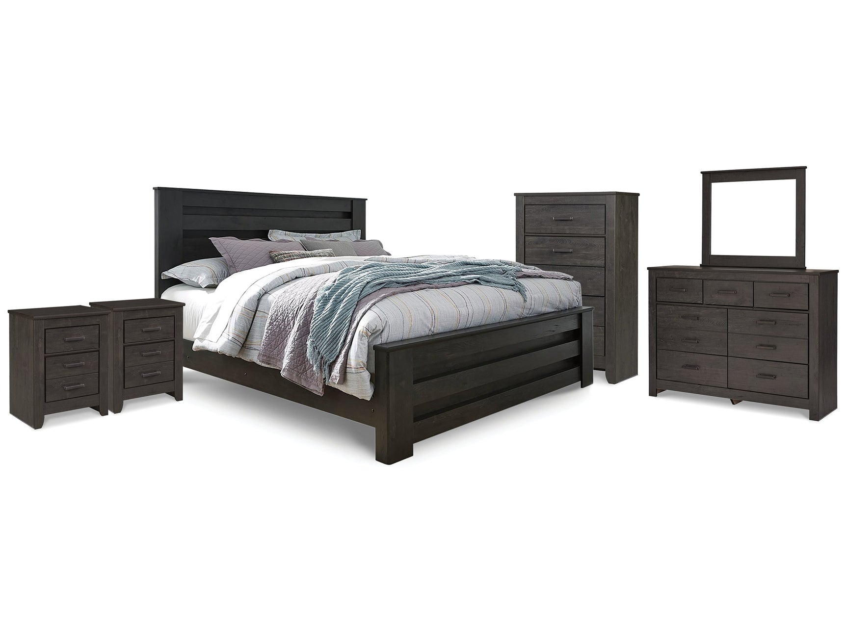 Brinxton Charcoal King Panel Bed & Dresser Mirror & Chest & 2 Nightstands - Ornate Home