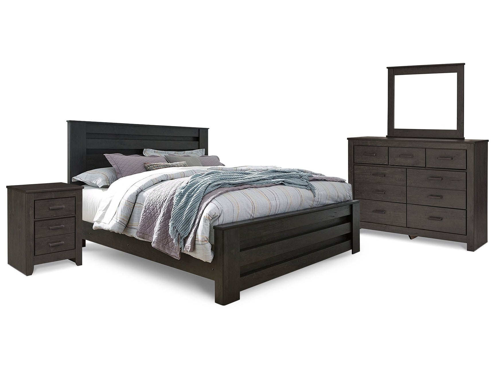 Brinxton Charcoal King Panel Bedroom Set with Dresser, Mirror and Nightstand - Ornate Home