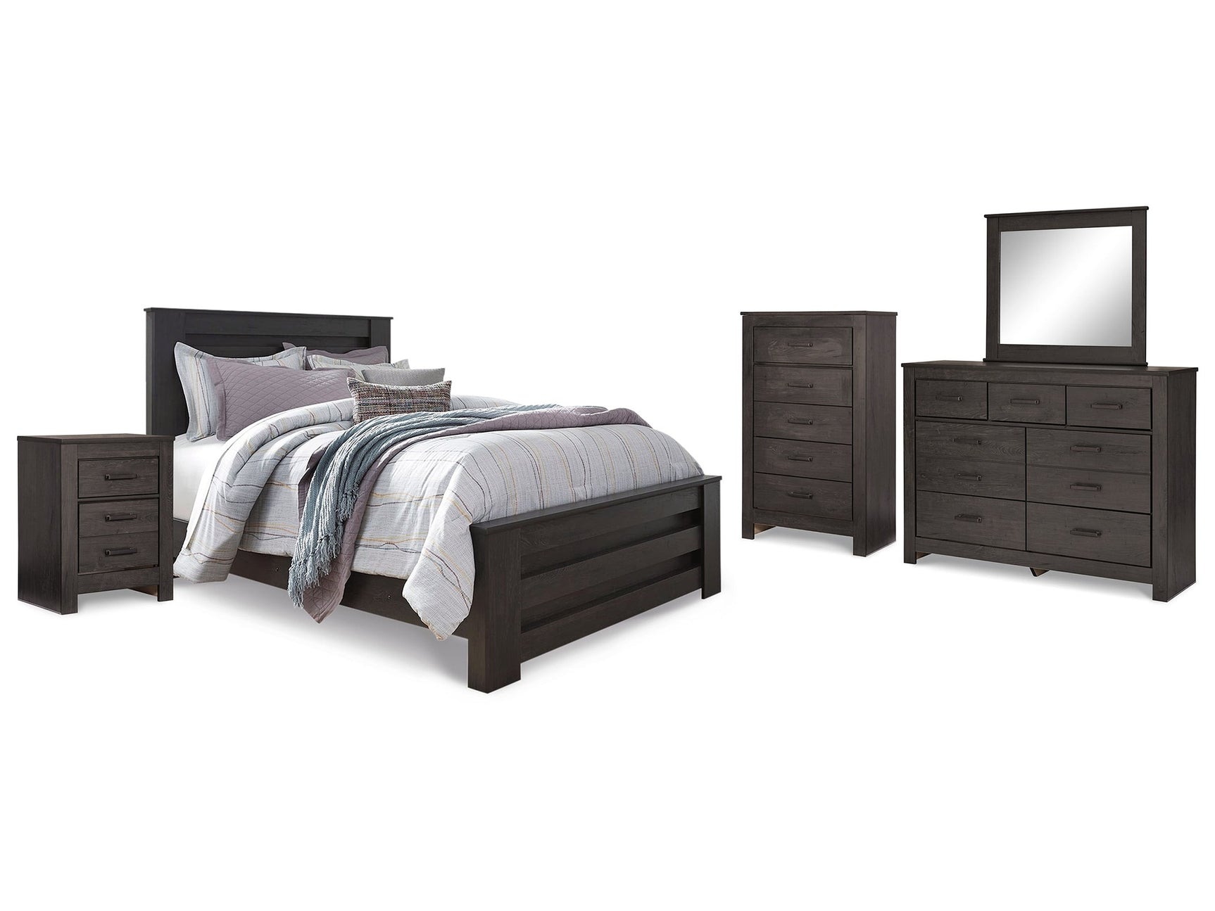 Brinxton Charcoal Queen Panel Bed & Dresser & Mirror & Chest & Nightstand - Ornate Home