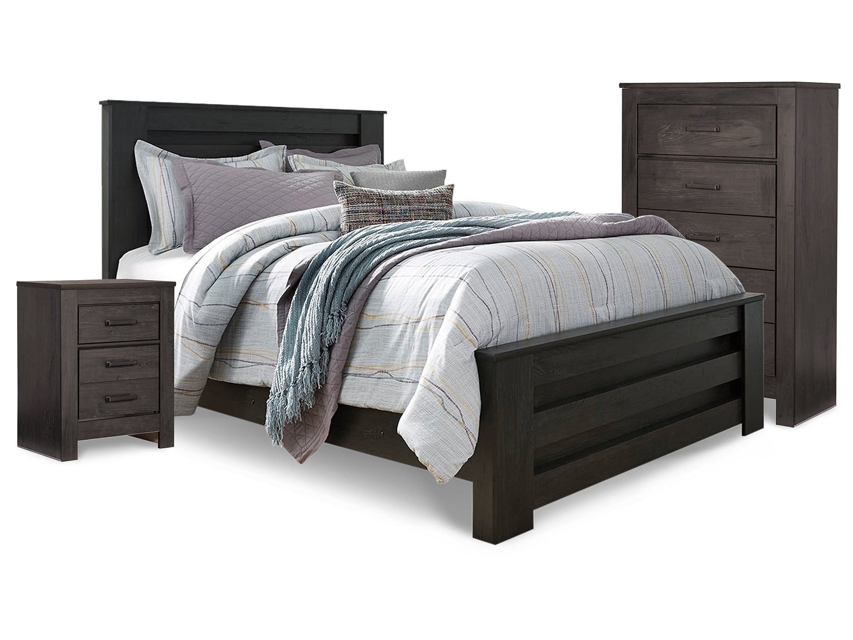 Brinxton Charcoal Queen Panel Bedroom Set with Chest and Nightstand - Ornate Home