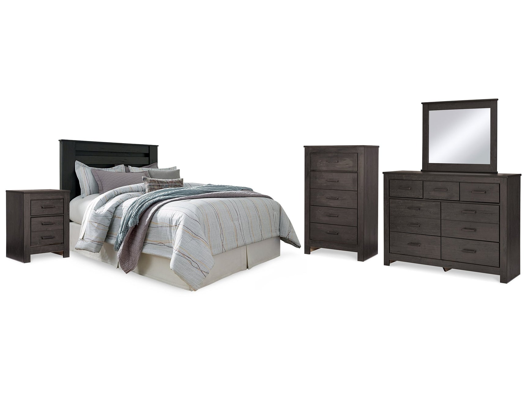 Brinxton King Panel Headboard, Dresser, Mirror, Chest and 2 Nightstands - Ornate Home