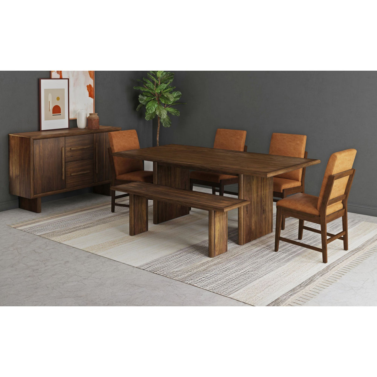Brisbane Brown 6-Piece Standard Height Dining Set with Table, Four PU Chairs & Bench - Ornate Home