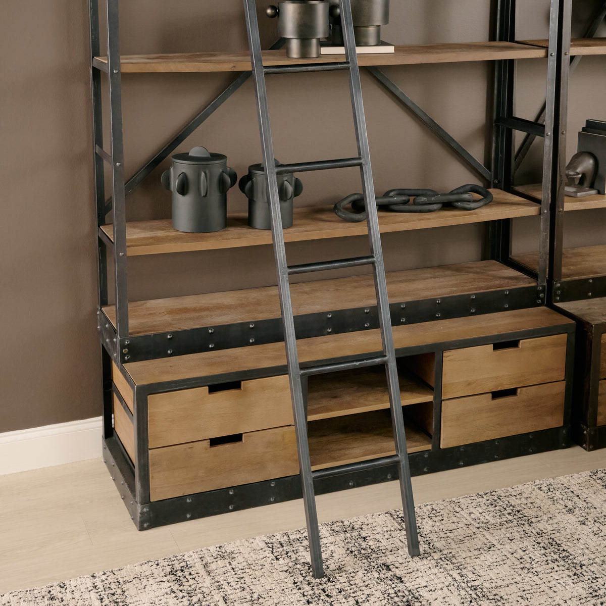 Brodie Brown/Gunmetal Wood Ladder Four Shelf Shelving Unit - Ornate Home