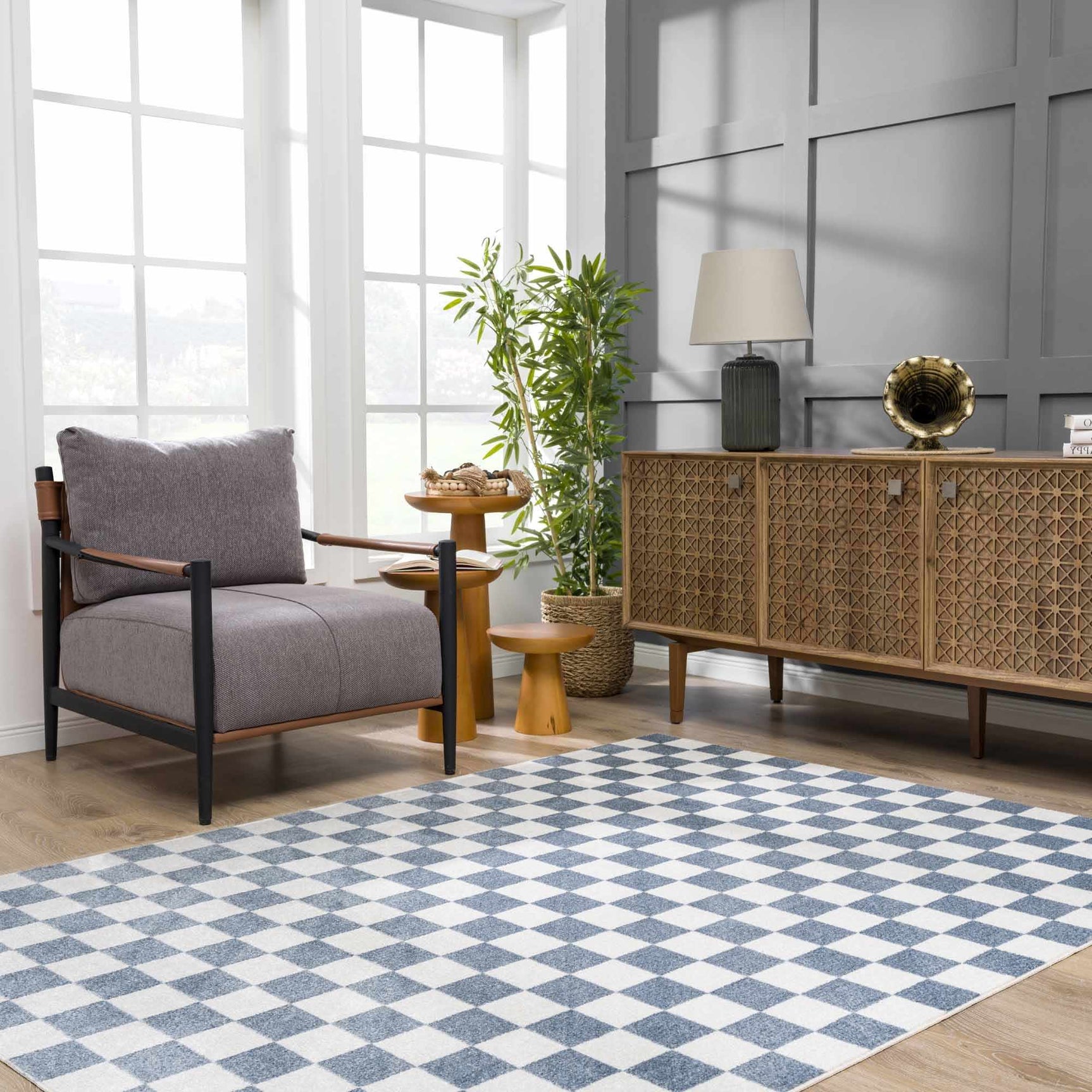 Brone Blue Checkered Washable Rug - Ornate Home