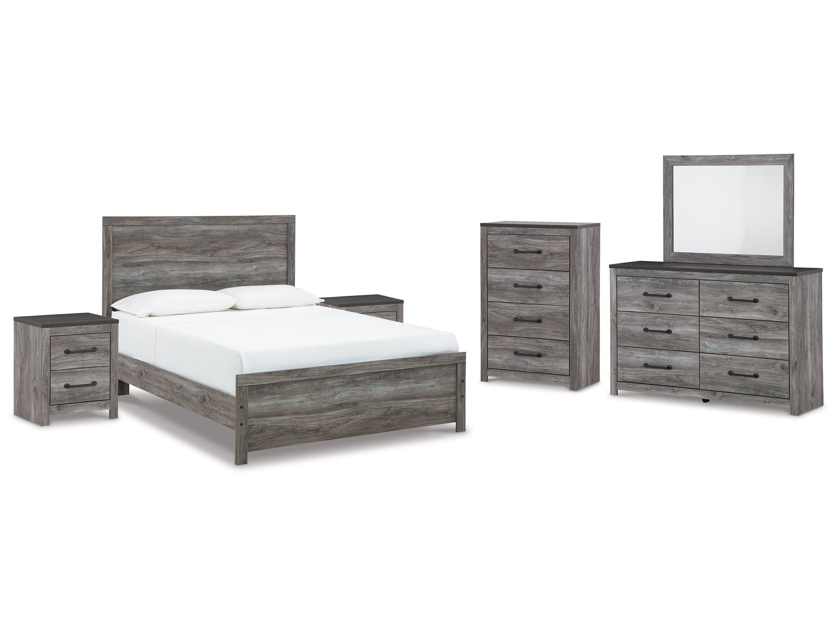 Bronyan Dark Gray Queen Panel Bedroom Set with Dresser, Mirror, Chest and 2 Nightstands - Ornate Home