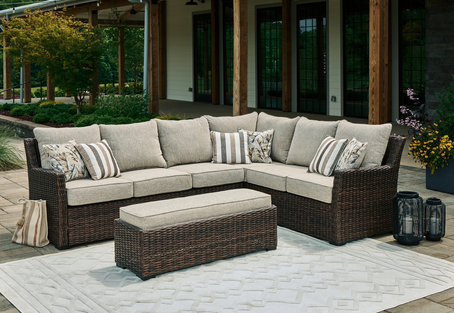 Brook Ranch Brown Outdoor Sofa Sectional, Bench, Lounge Chair and Table - Ornate Home