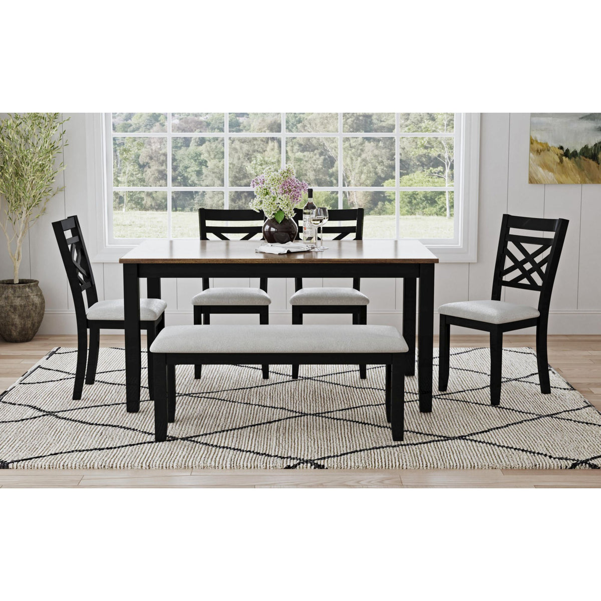 Brooks Medium Brown/Black 6PC Dining Set with Table, 4 Wood Back and UPH Seat Chairs, and Bench - Ornate Home