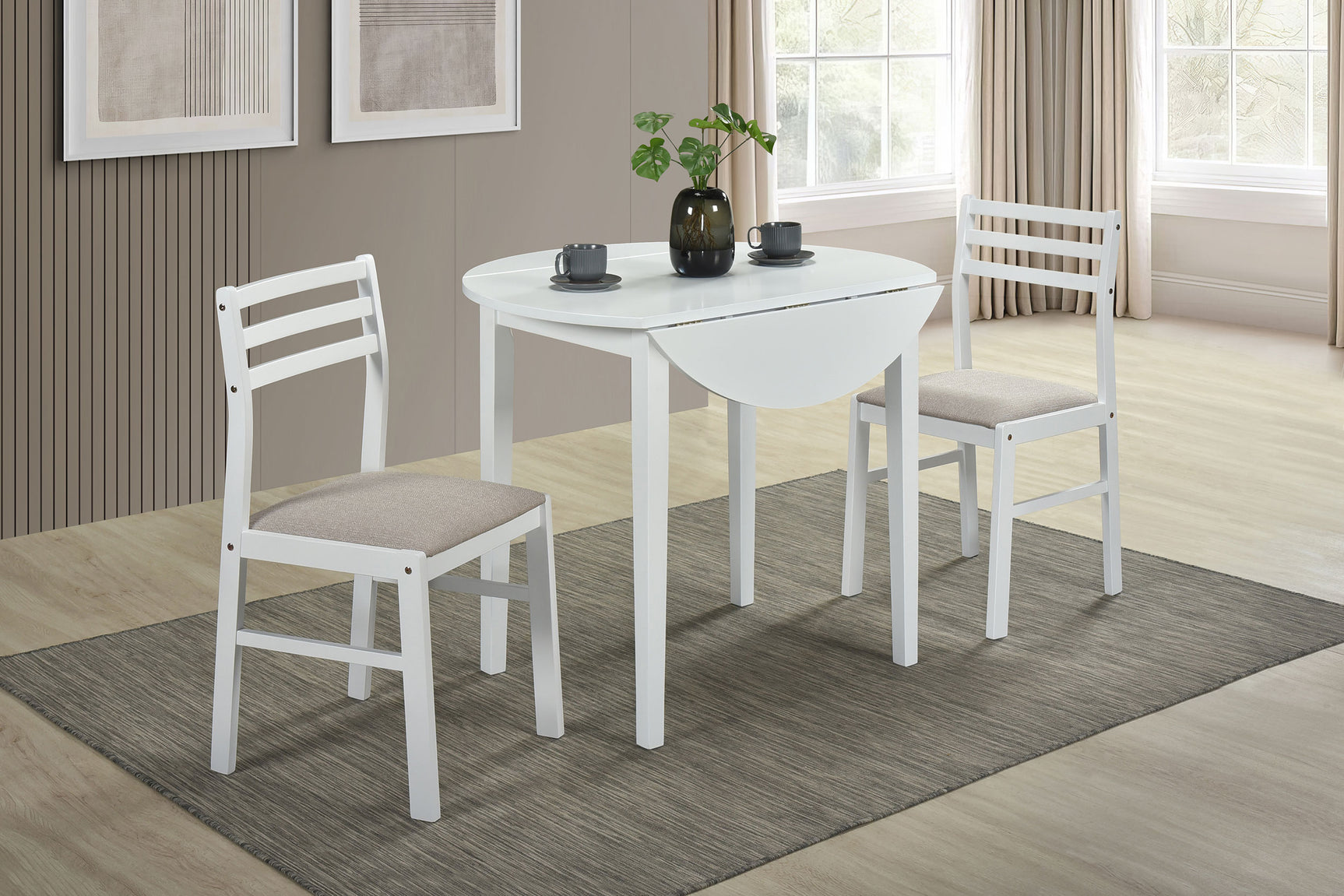 Bucknell White 3-piece Round Drop Leaf Dining Table Set - Ornate Home