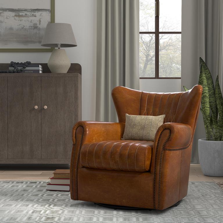 Bugatti Brown Leather Swivel Chair - Ornate Home