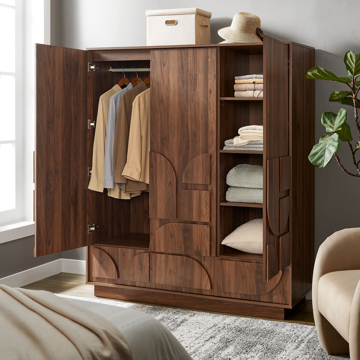 Bulwark Walnut 3-Door Wardrobe Closet - Ornate Home