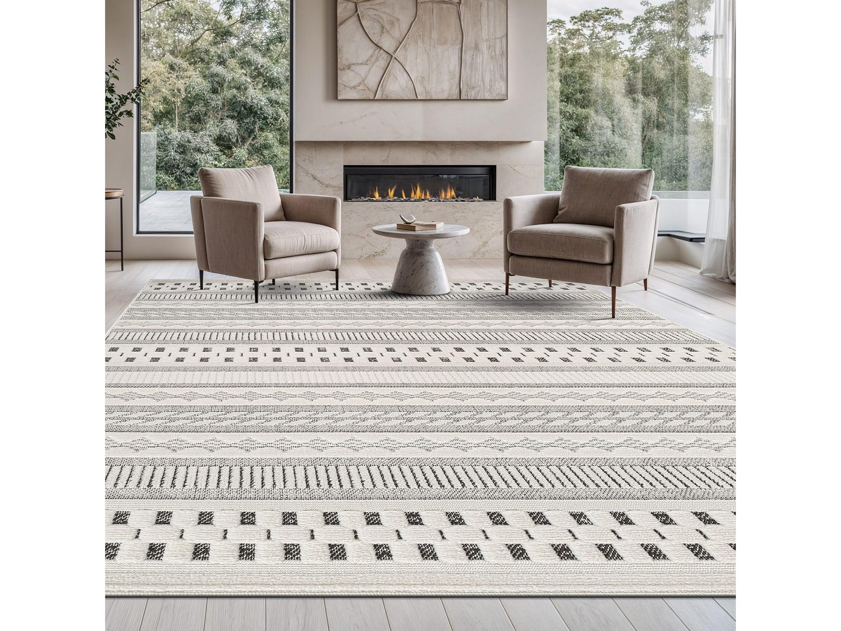 Bunny Gray White Geometric Modern Scandinavian Striped Micro Loop Soft Non Shedding Area Rugs - Ornate Home