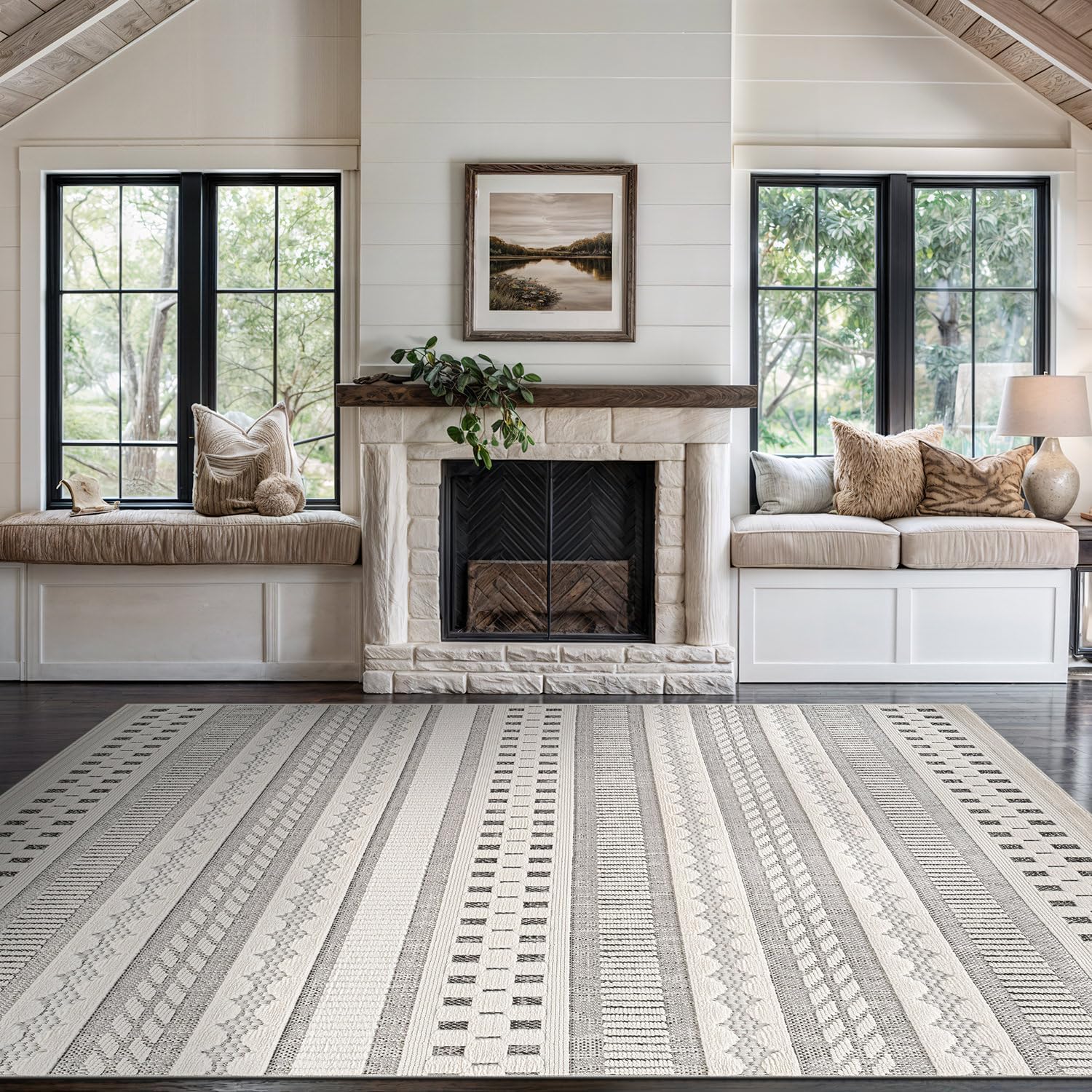 Bunny Gray White Geometric Modern Scandinavian Striped Micro Loop Soft Non Shedding Area Rugs - Ornate Home