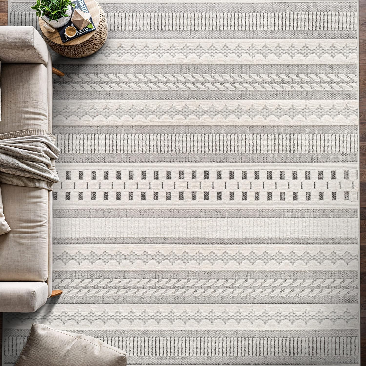 Bunny Gray White Geometric Modern Scandinavian Striped Micro Loop Soft Non Shedding Area Rugs - Ornate Home