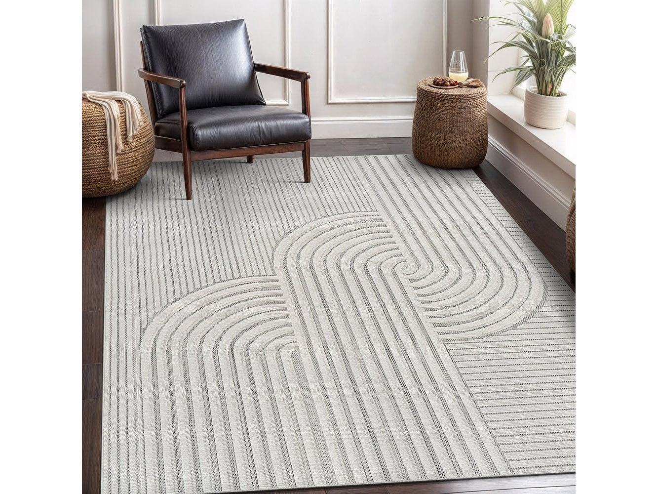 Bunny Gray White Swirl Curved Micro Loop Soft Non Shedding Area Rugs - Ornate Home