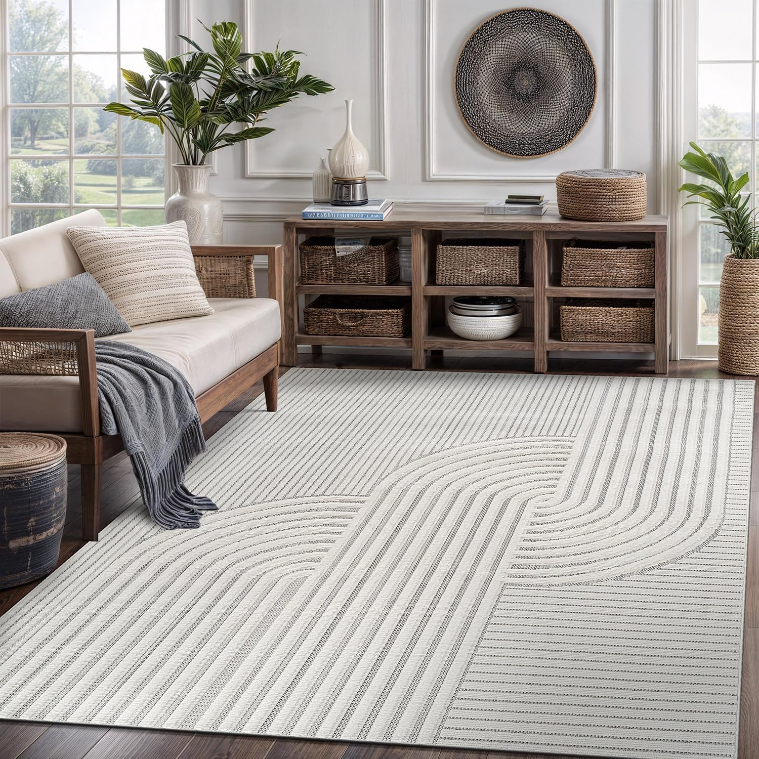 Bunny Gray White Swirl Curved Micro Loop Soft Non Shedding Area Rugs - Ornate Home