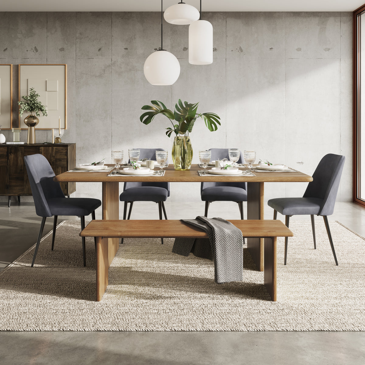 Burke Golden/Grey Dining Table, Bench w/ 4 Maddox Chairs - Ornate Home