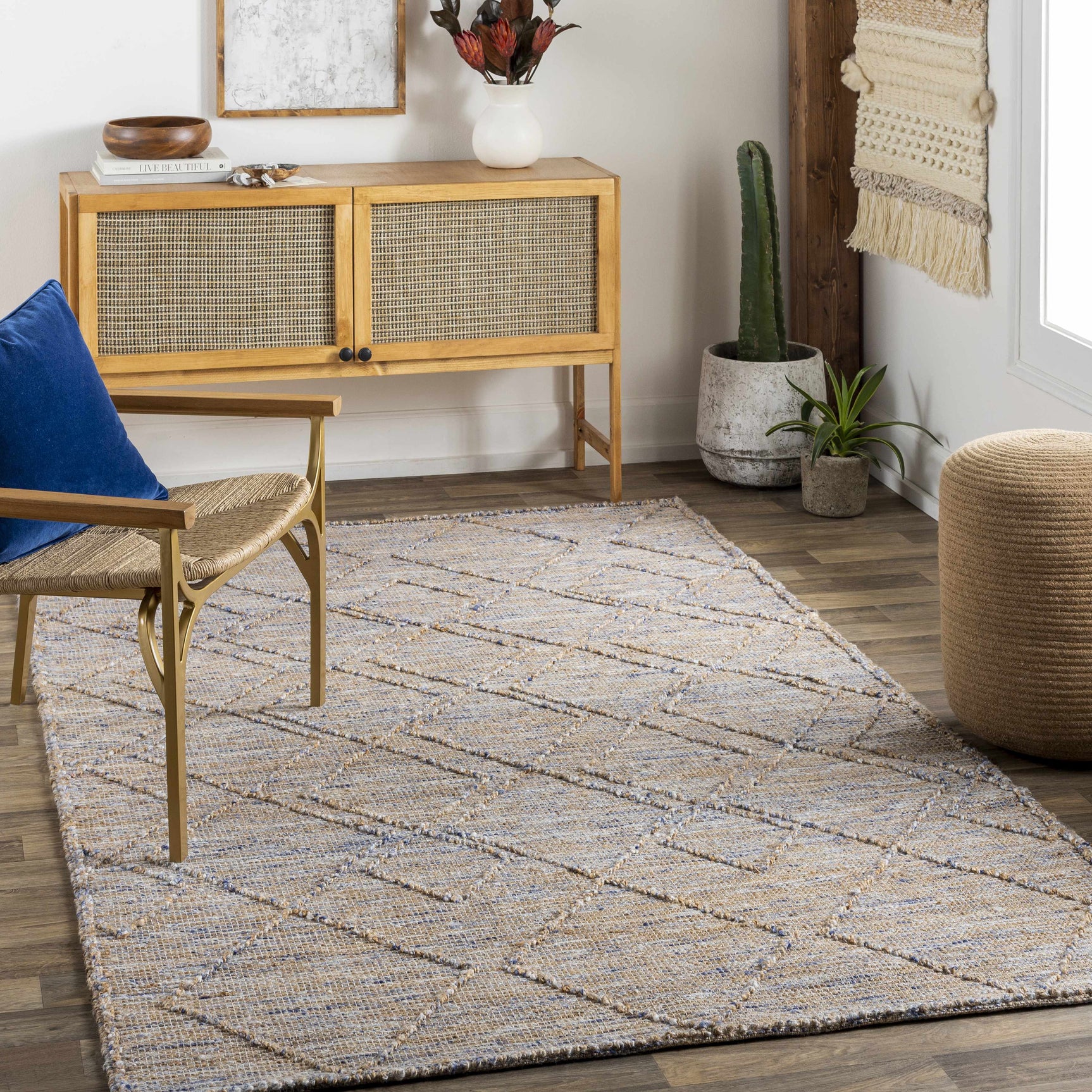 Buse Hand Woven Beige & Blue Area Rug - Clearance - Ornate Home