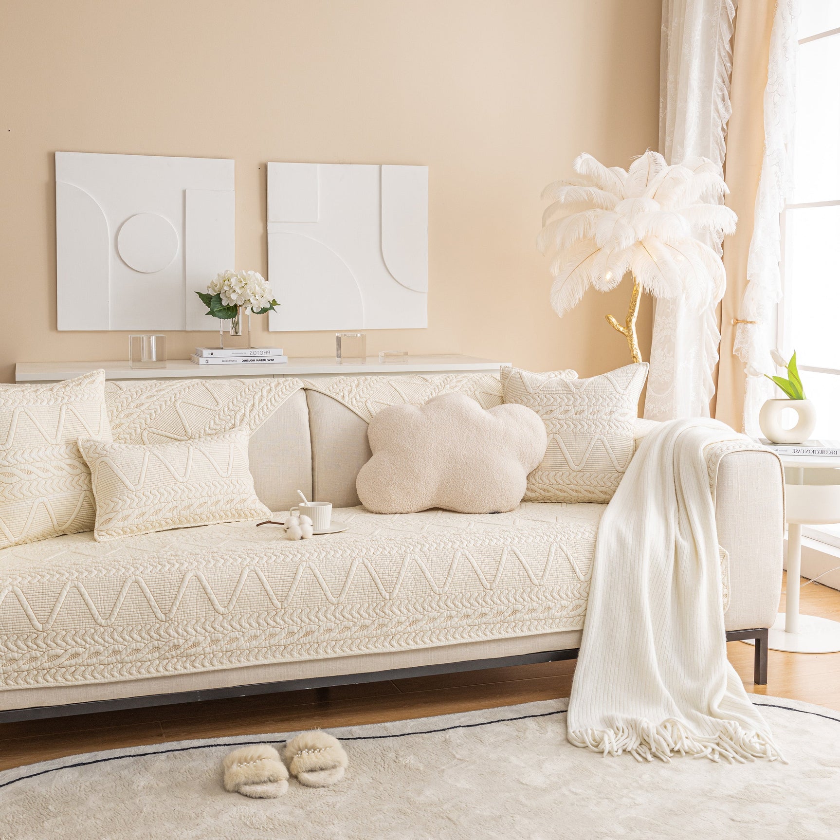 Geometric Textured Cotton Quilted Sofa Cover, Non-Slip Washable Couch Protector