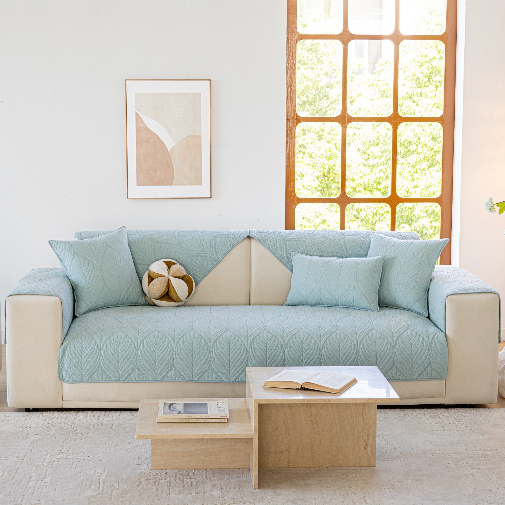 Leaf Vein Textured Cotton Quilted Sofa Slipcover, Non-Slip Modular Couch Covers