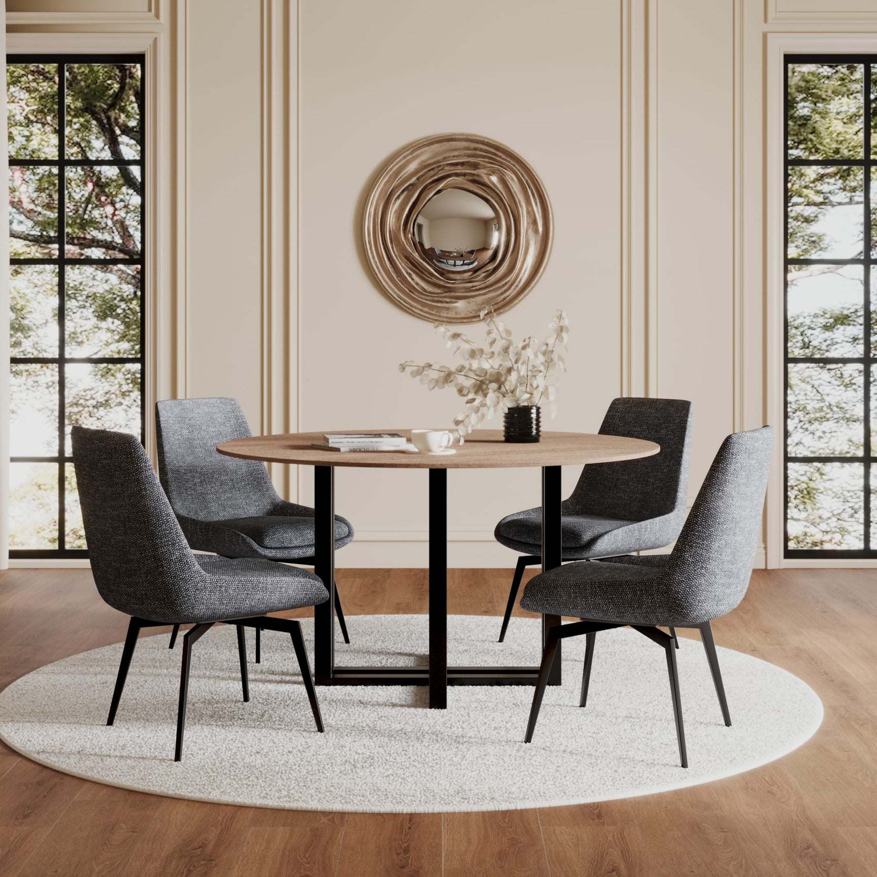 CEO Gunmetal/Washed Oak Wood Pattern Round Sintered Stone Dining Table - Ornate Home