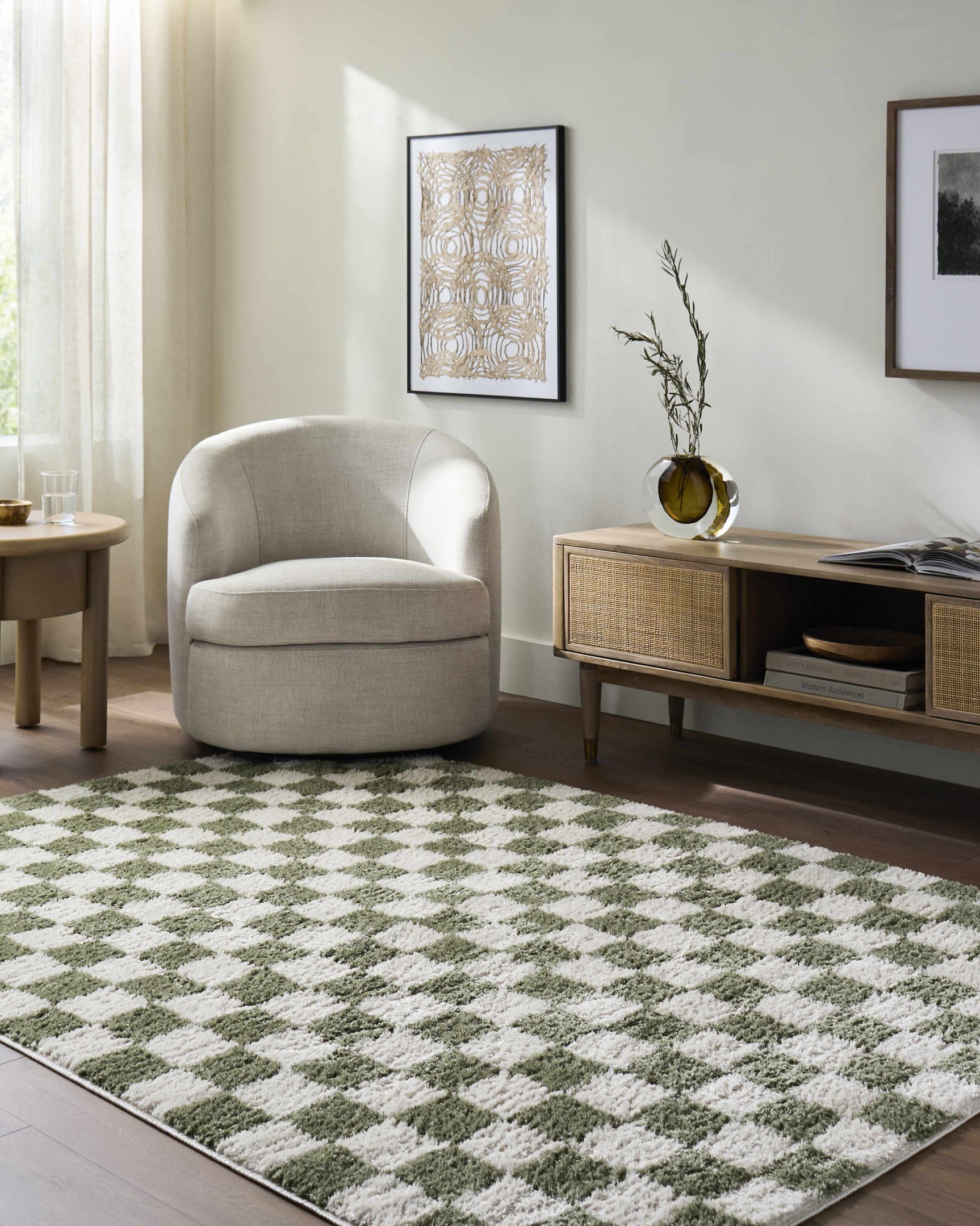 Canika Green Checkered Washable Plush Rug