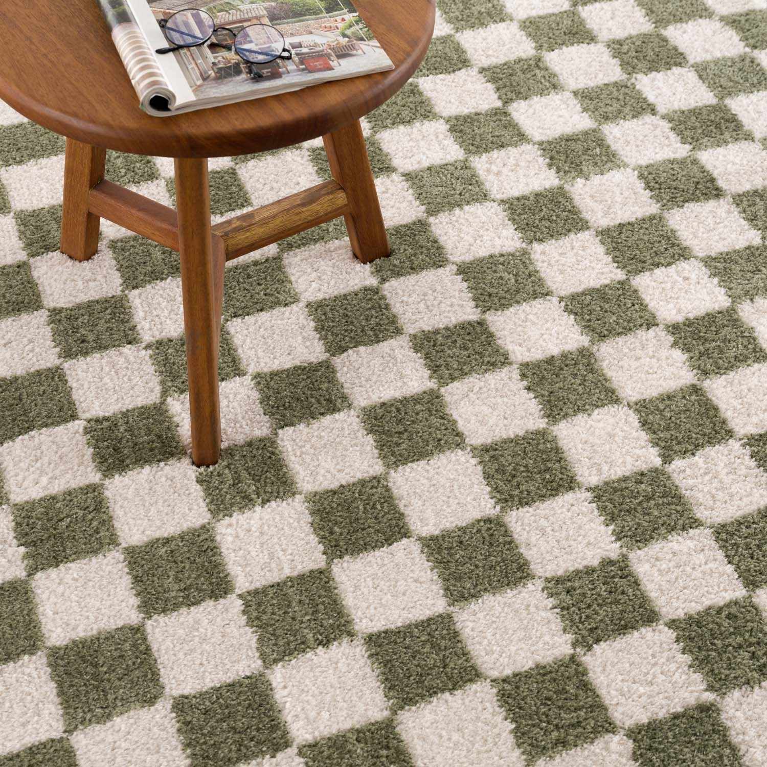 Canika Green Checkered Washable Plush Rug
