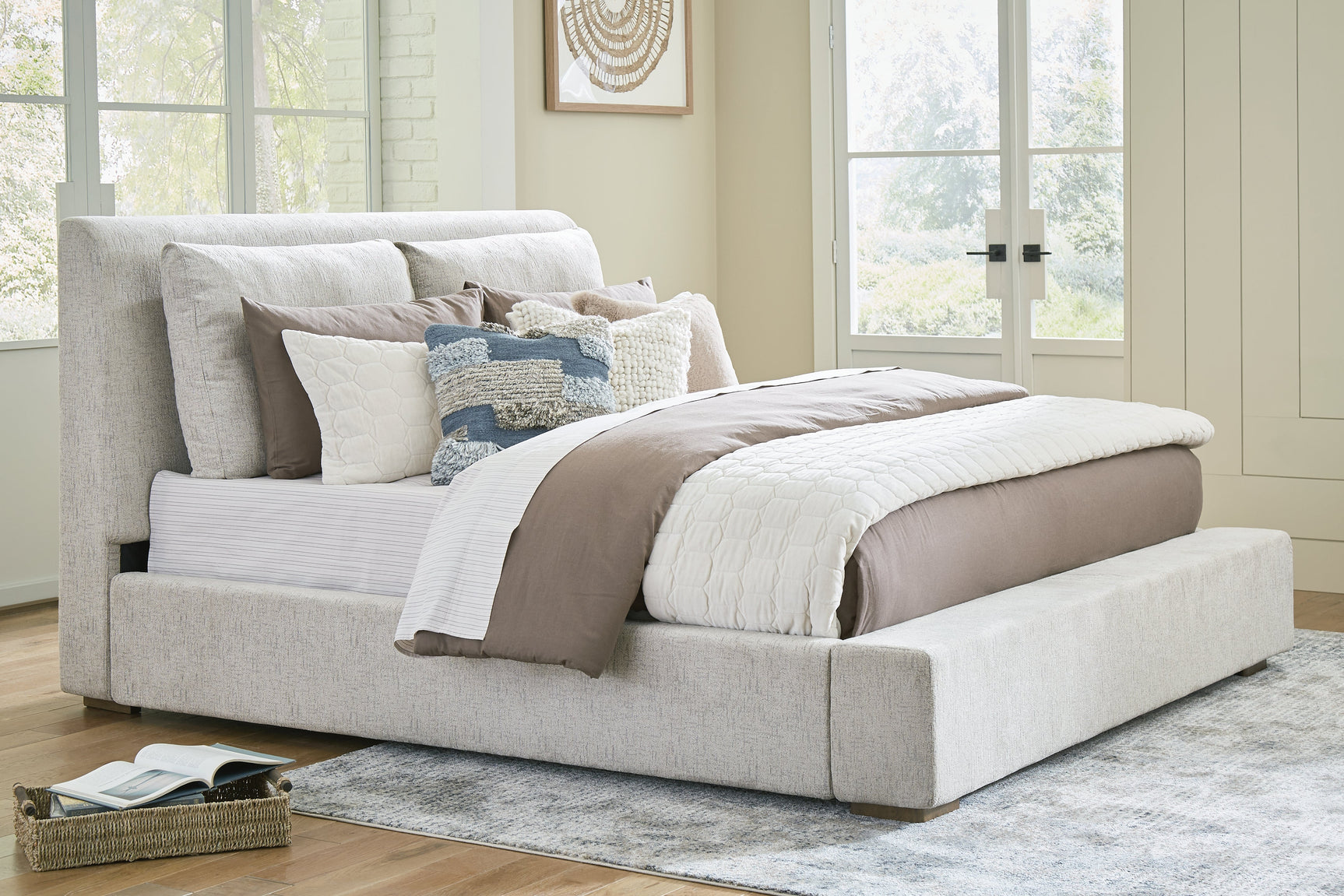 Cabalynn Light Brown King Upholstered Bedroom Set with Dresser, Mirror and Nightstand (Online Special Price) - Ornate Home