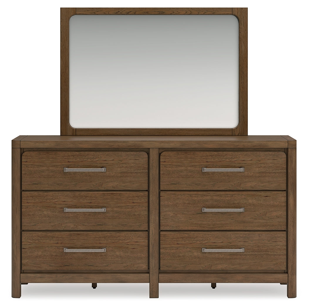 Cabalynn Light Brown King Upholstered Bedroom Set with Dresser, Mirror and Nightstand - Ornate Home
