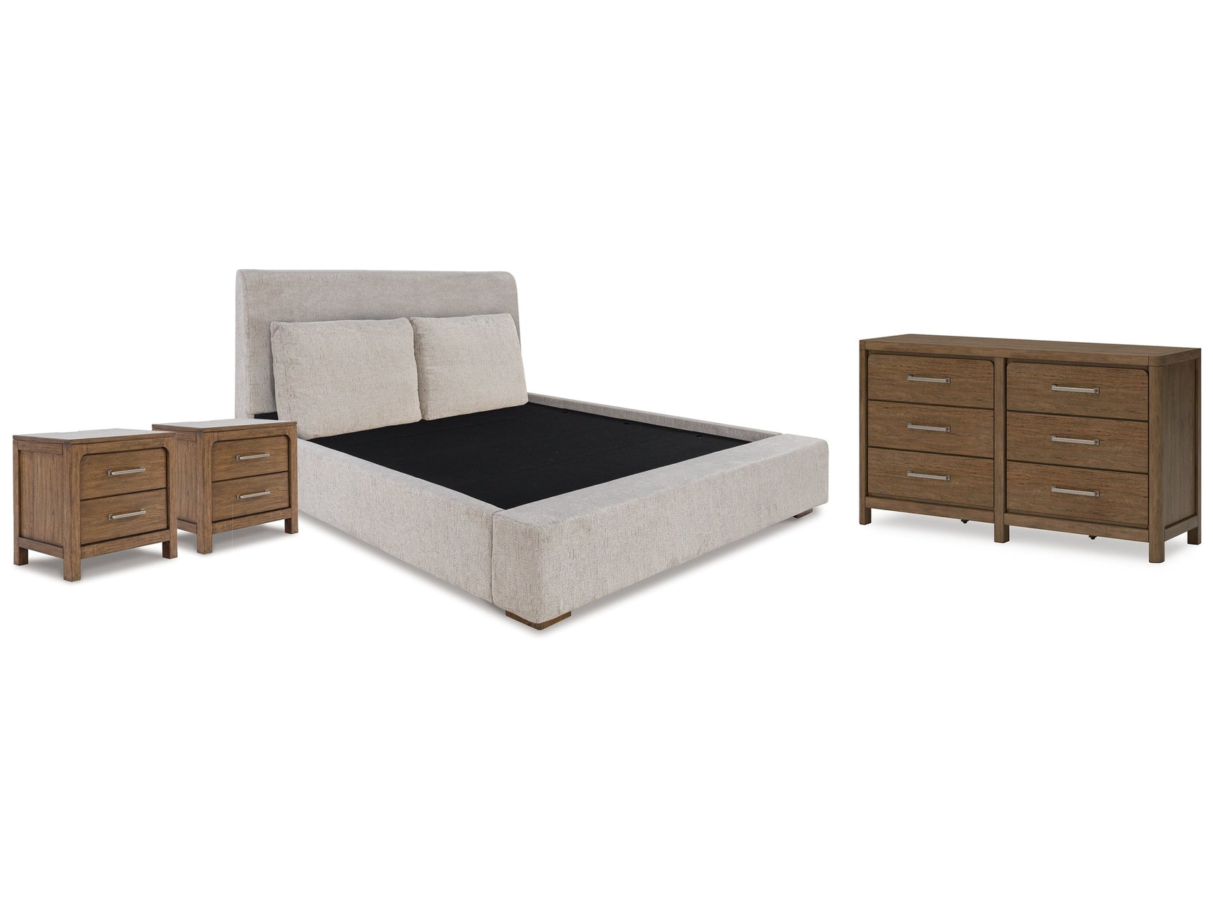 Cabalynn Light Brown King Upholstered Bedroom Set with Dresser and 2 Nightstands - Ornate Home