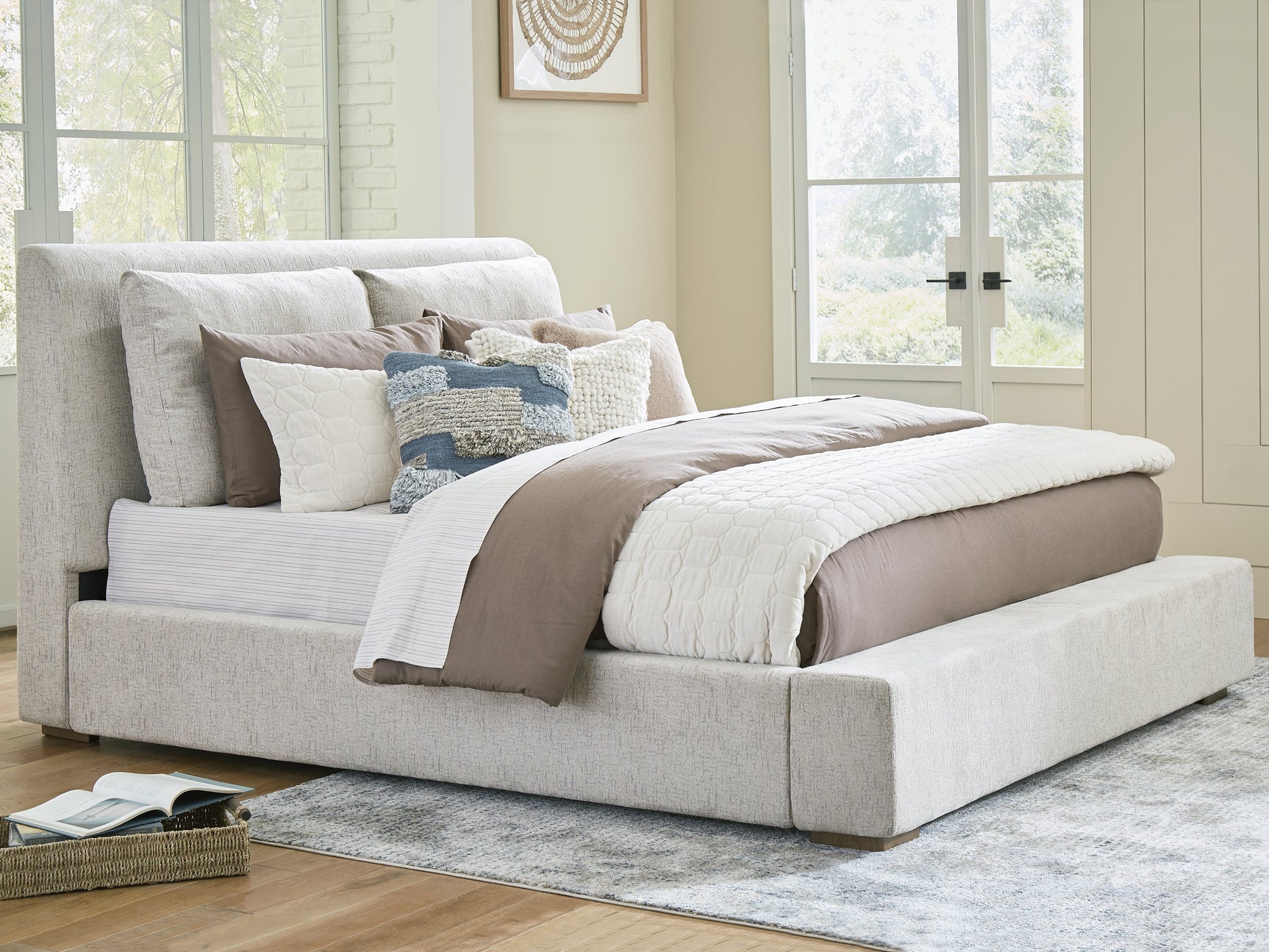 Cabalynn Oatmeal/Light Brown King Upholstered Bedroom Set with 2 Nightstands (Online Special Price) - Ornate Home